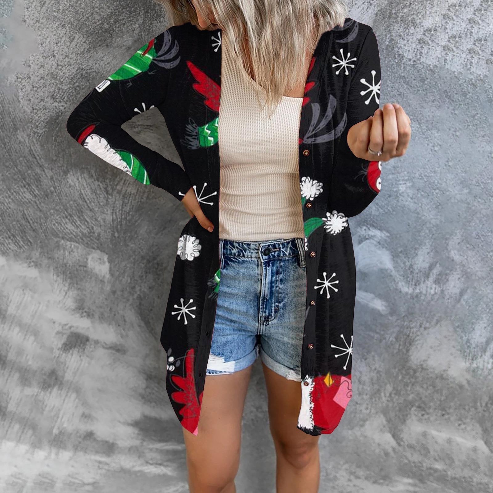 Christmas Print Fashion Button Long-sleeved Button Cardigan Women - Ciclove