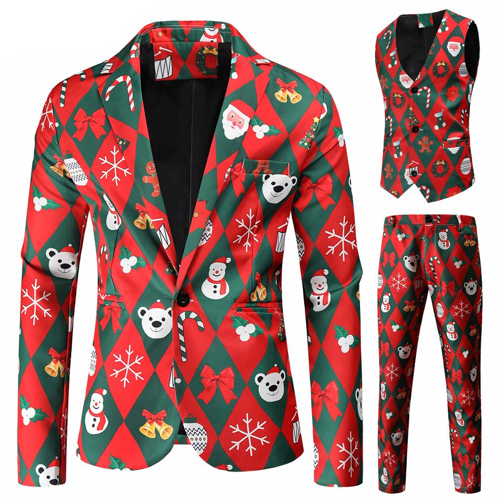 Christmas red men's Blazer suits Santa 3D print trousers with vest - Ciclove