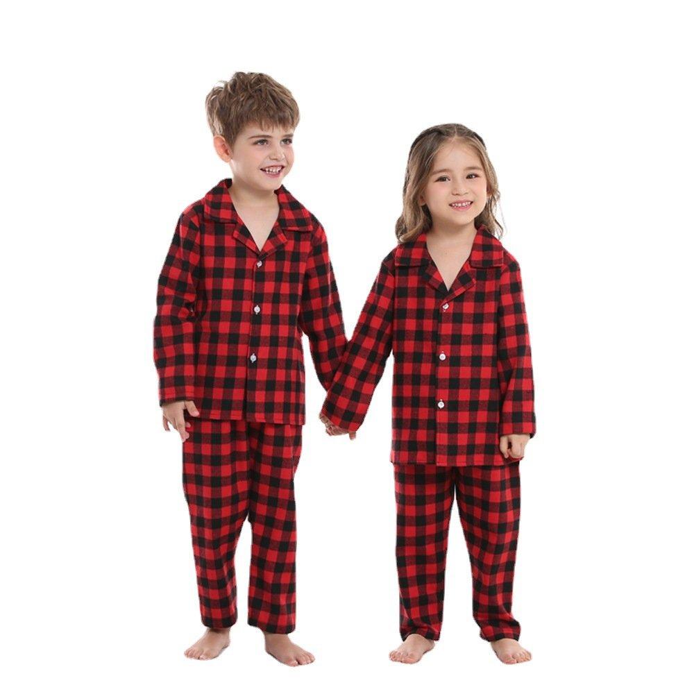 Christmas Two-piece Pajamas Brother Sister Hood Cotton Red and Black Plaid Design - Ciclove