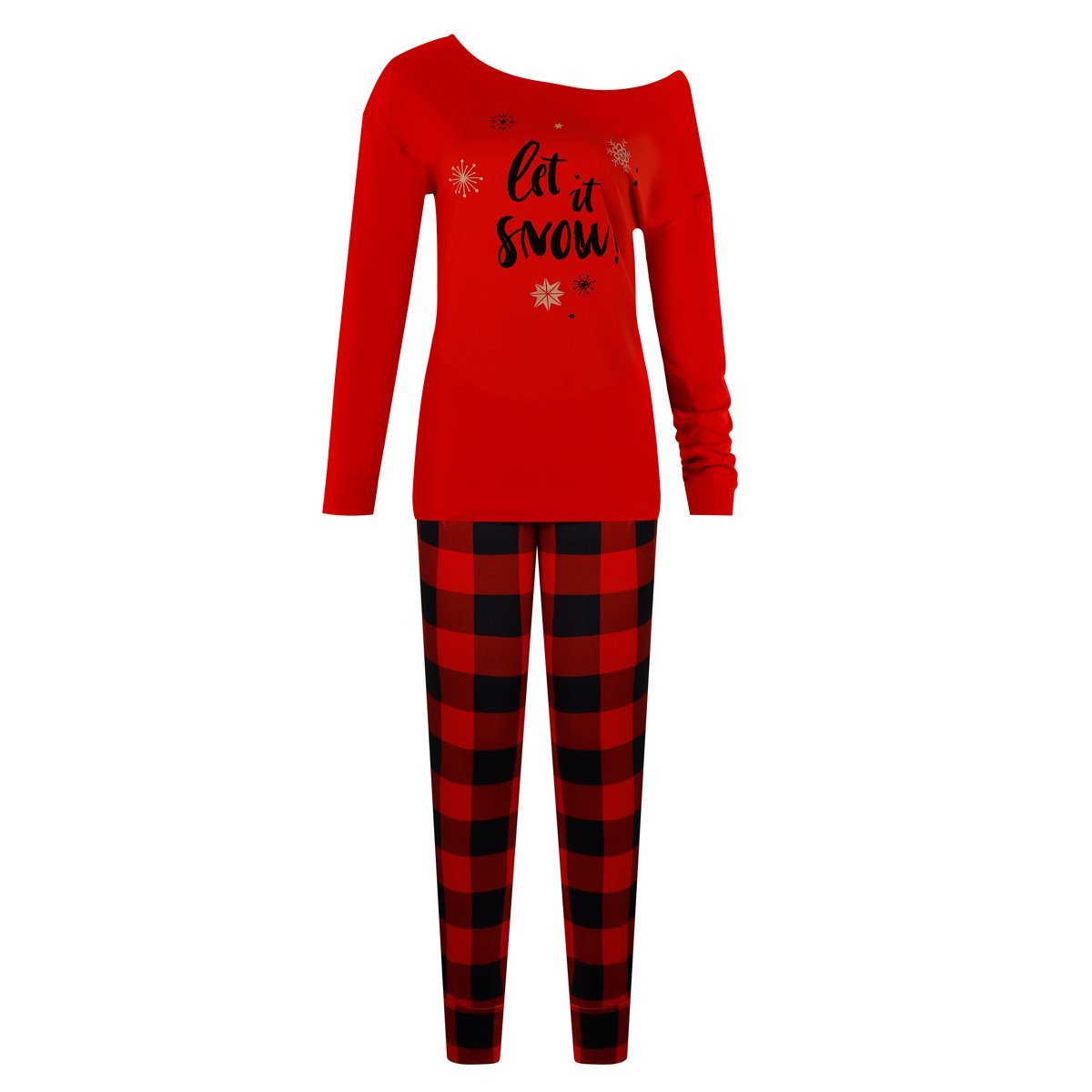 2022 Christmas Pajamas Printed Oblique Shoulder Tops Plaid Pants Casual Suit Women - Ciclove