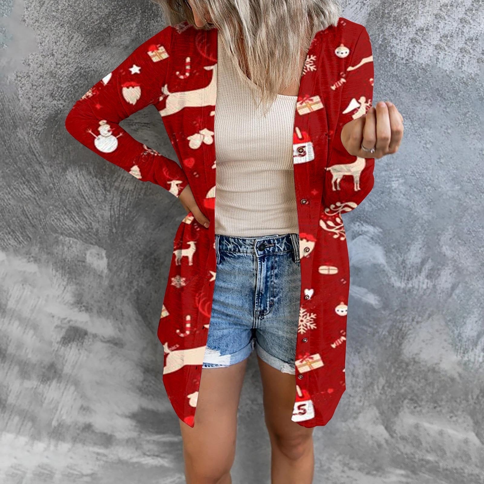 Christmas Print Fashion Button Long-sleeved Button Cardigan Women - Ciclove