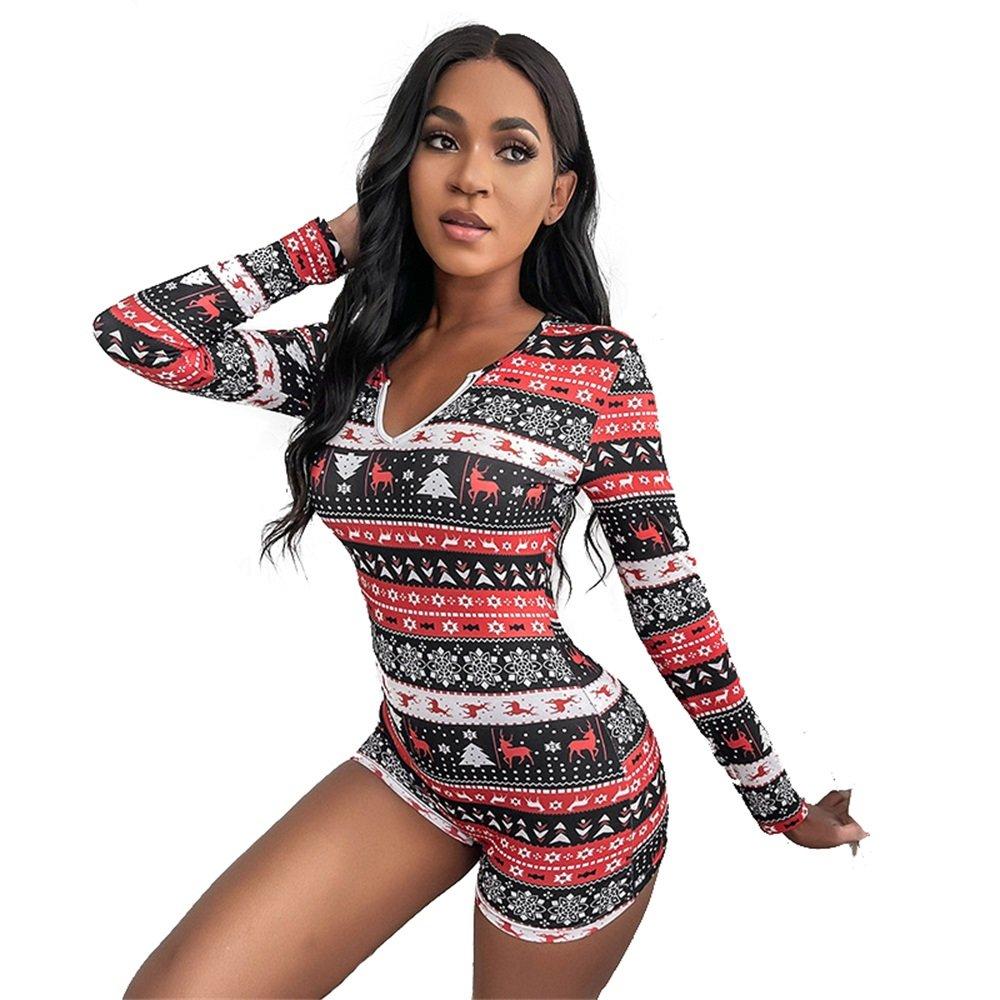 Christmas print jumpsuit long sleeve V-neck jumpsuit women - Ciclove