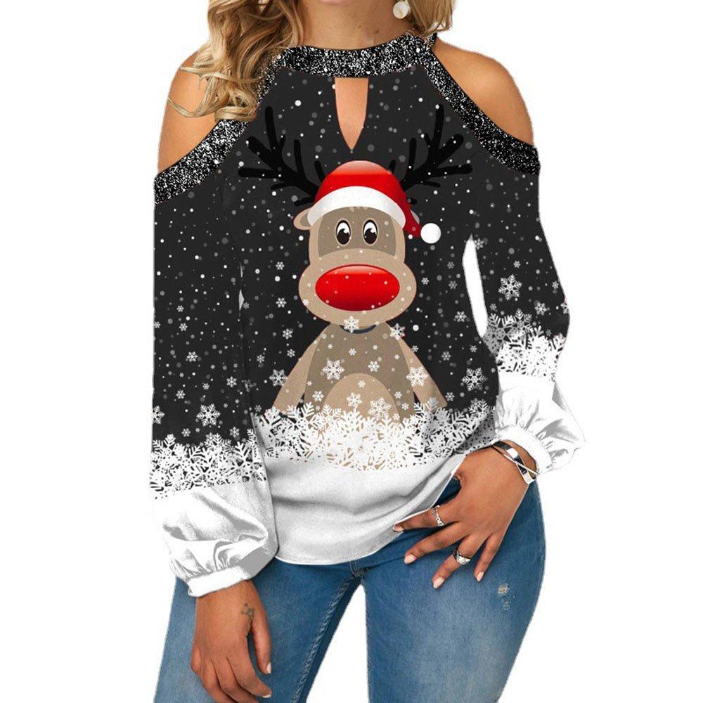 Christmas Women's Clothing Deer Print Sexy Off-shoulder Plus Size Blouse with Lantern Sleeves Sweatshirt - Ciclove