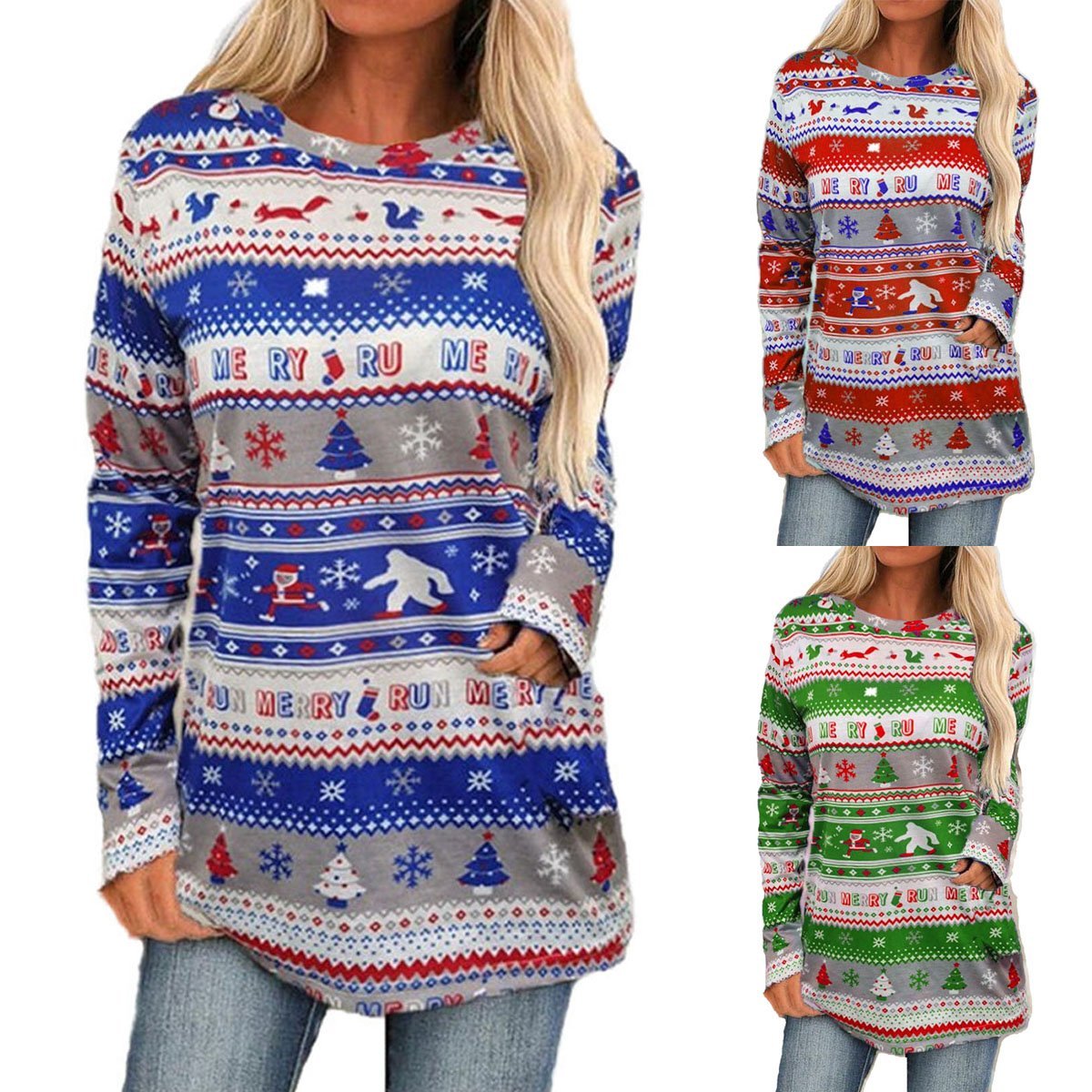 Christmas Sweater Women's Long-sleeved Loose Bottoming Santa Snowman Print Top - Ciclove
