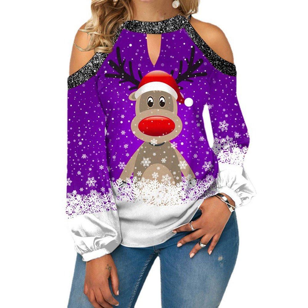 Christmas Women's Clothing Deer Print Sexy Off-shoulder Plus Size Blouse with Lantern Sleeves Sweatshirt - Ciclove