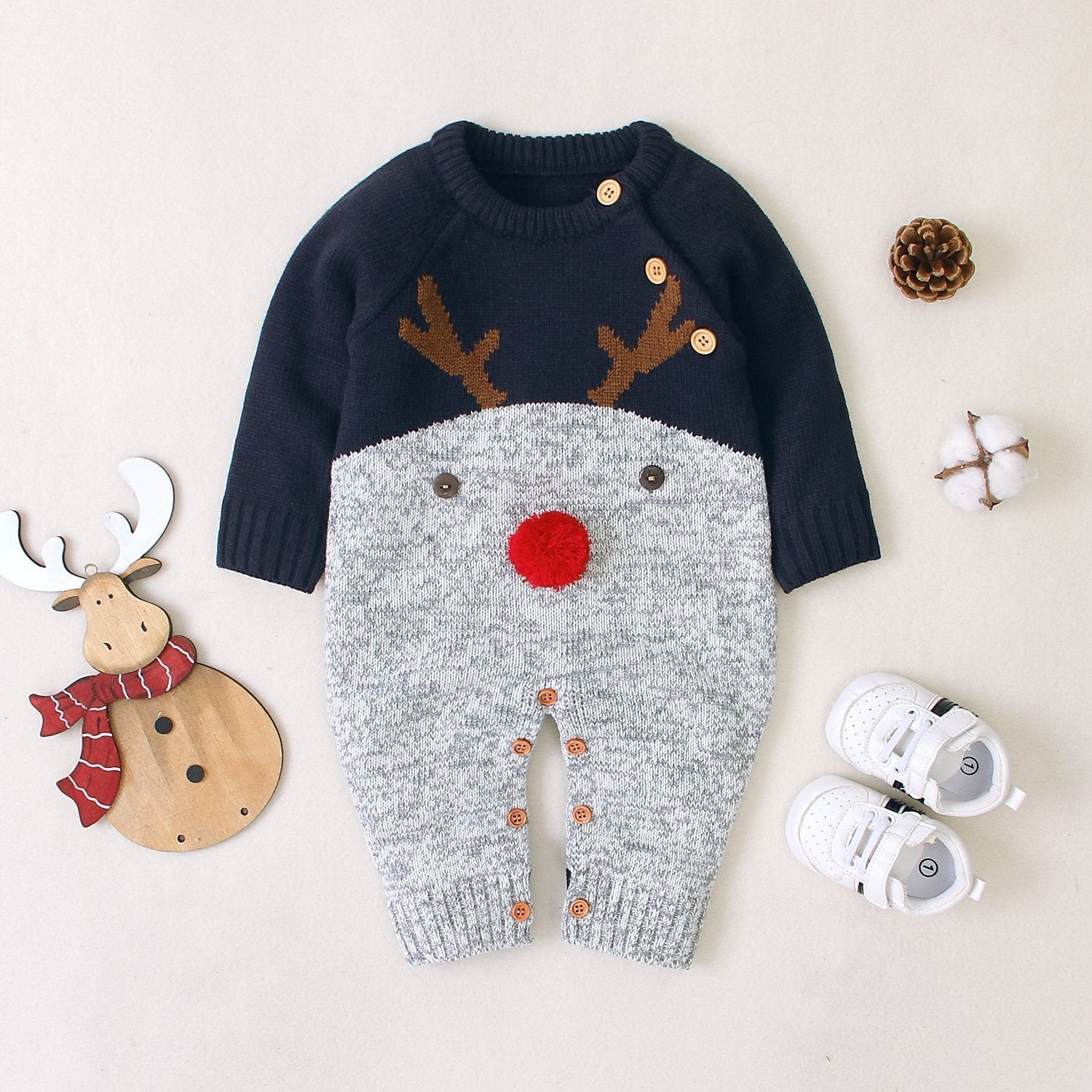 Christmas Outfit Knitted Reindeer Dark Blue Toddler Baby Sweater Jumpsuit - Ciclove
