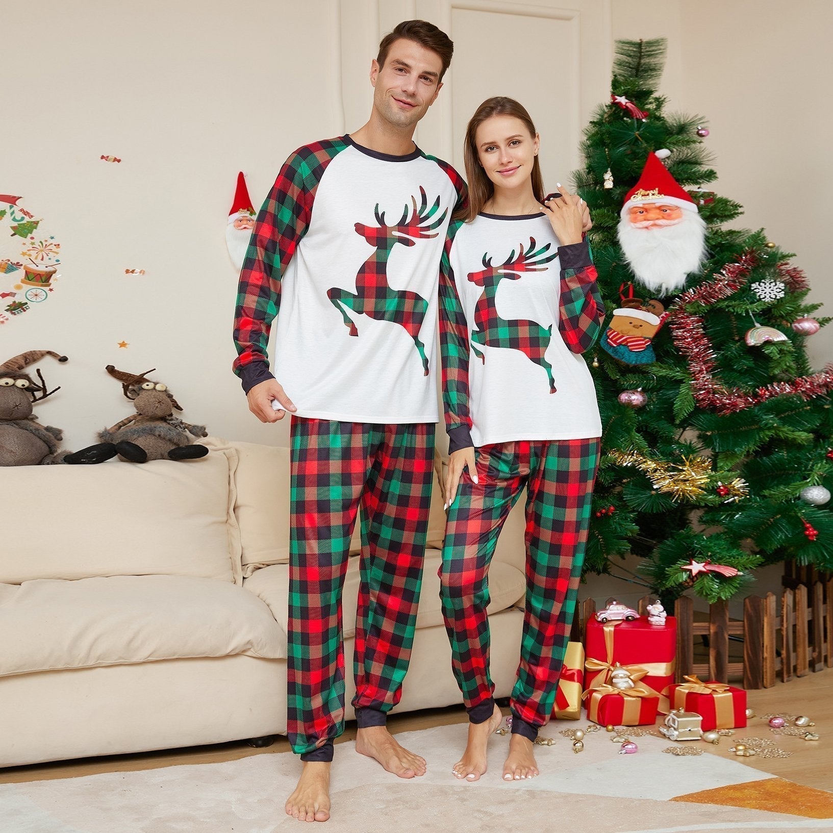 Elk Plaid Print Christmas Family Couples Matching Pajamas Party Sets - ciclove