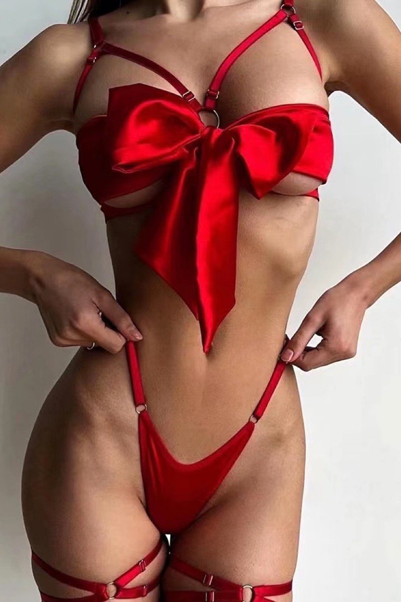 Christmas Gift Satin Bow Bust Bra and Panty Women Lingerie Set