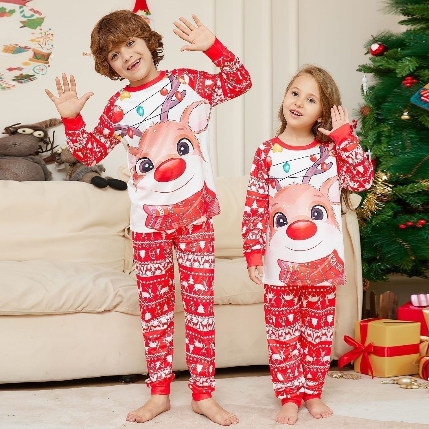 Deer Print Round Neck Christmas Family Couples Matching Pajamas Party Sets - ciclove