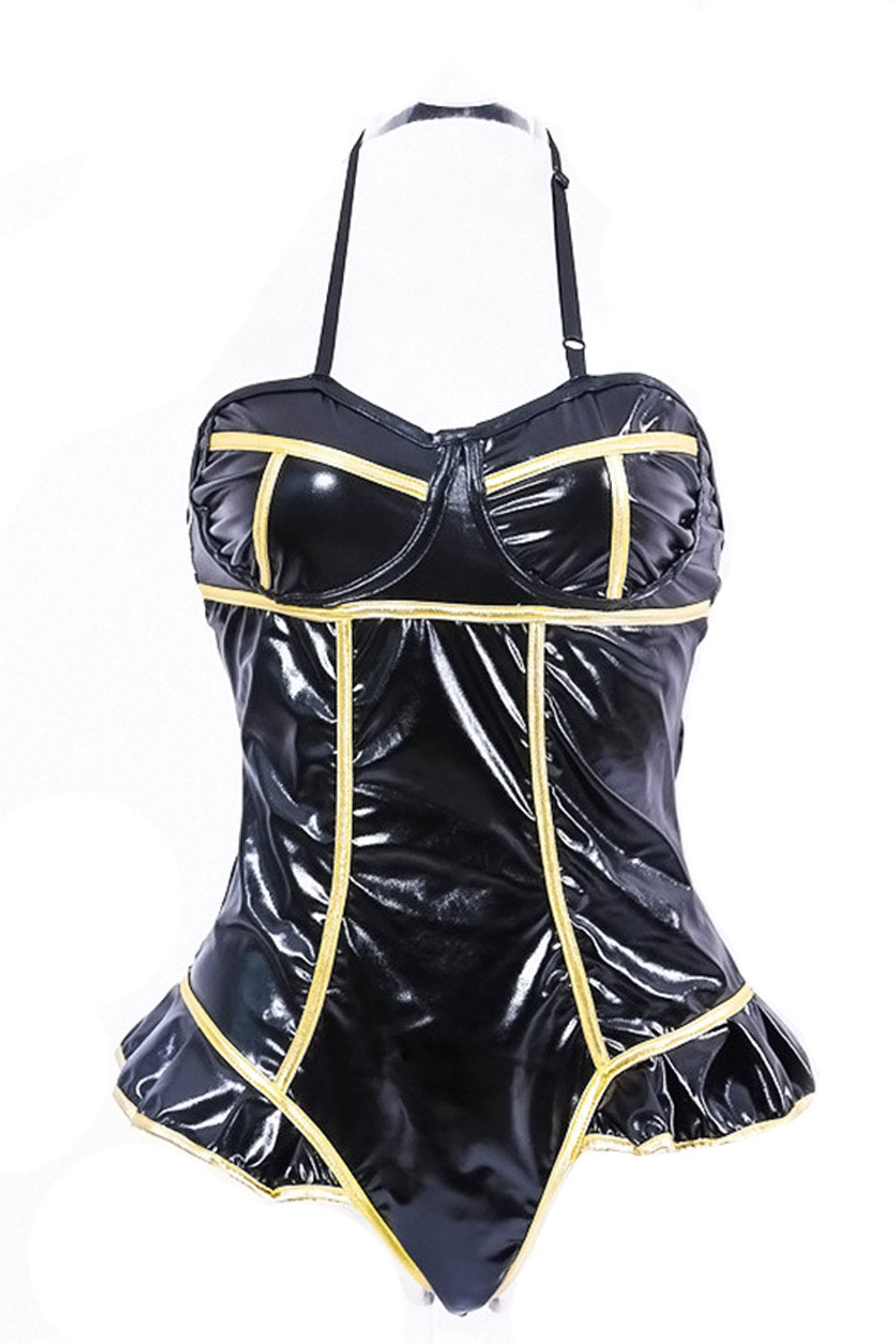 Black Halter Ruffled Patent Leather Jumpsuit