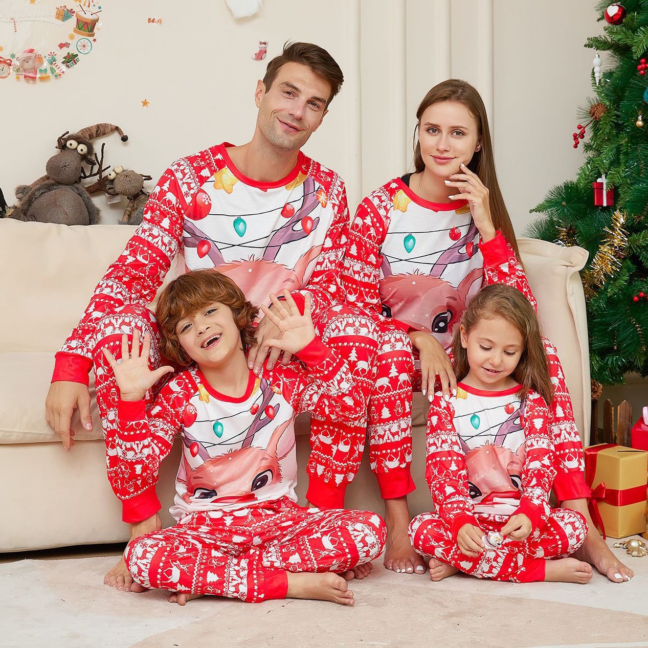 Deer Print Round Neck Christmas Family Couples Matching Pajamas Party Sets - ciclove