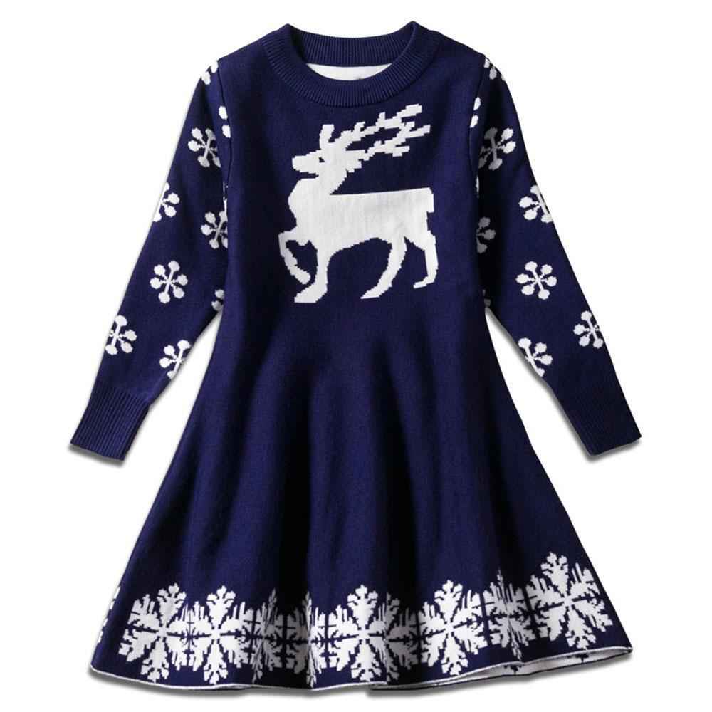Christmas Dress for Girls Deer Snowflake Printed Sweater Winter Skirt