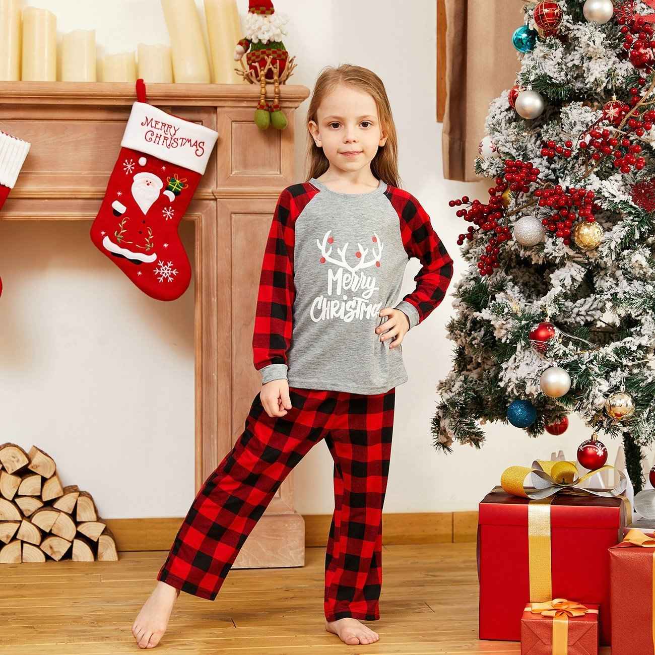 Christmas Family matching Deer print plaid Pajamas two Pieces Set Santa Patterned 2022
