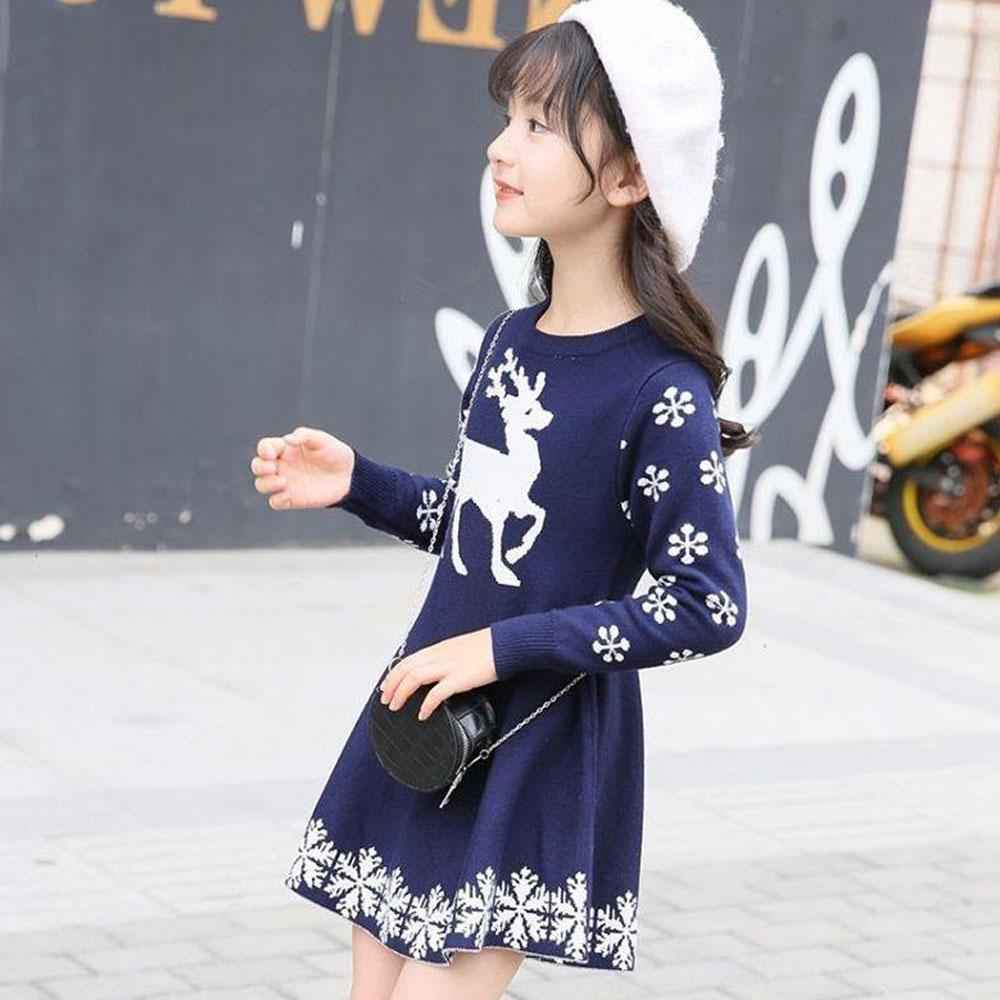 Christmas Dress for Girls Deer Snowflake Printed Sweater Winter Skirt