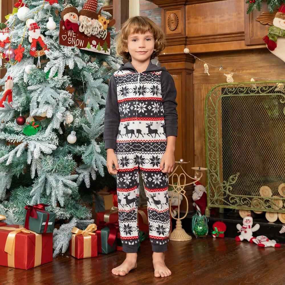 Christmas Family Matching Pajamas Blue Print Elk Hooded Jumpsuit