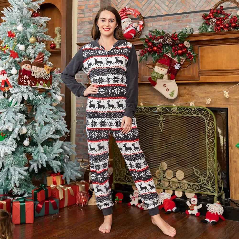 Christmas Family Matching Pajamas Blue Print Elk Hooded Jumpsuit